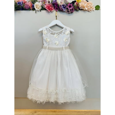 Vestido Infantil Off White C/ Aplique de Flores e Renda Luxo