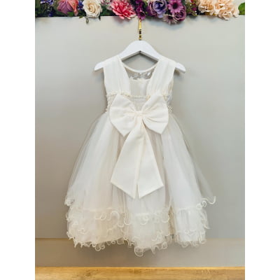 Vestido Infantil Off White C/ Aplique de Flores e Renda Luxo