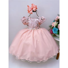 Vestido Infantil Pêssego Floral Pérolas Peito de Strass Luxo