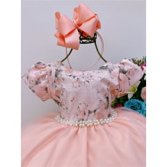 Vestido Infantil Pêssego Floral Pérolas Peito de Strass Luxo