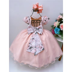 Vestido Infantil Pêssego Floral Pérolas Peito de Strass Luxo