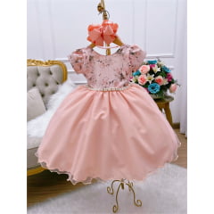 Vestido Infantil Pêssego Floral Pérolas Peito de Strass Luxo