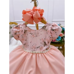 Vestido Infantil Pêssego Floral Pérolas Peito de Strass Luxo