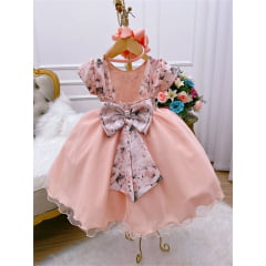 Vestido Infantil Pêssego Floral Pérolas Peito de Strass Luxo
