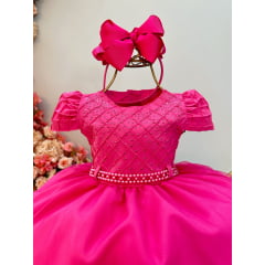 Vestido Infantil Pink Busto Nervura Strass Daminhas