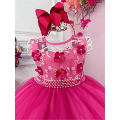 Vestido Infantil Pink C/ Aplique de Flores e Renda Luxo