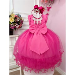 Vestido Infantil Pink C/ Aplique de Flores e Renda Luxo