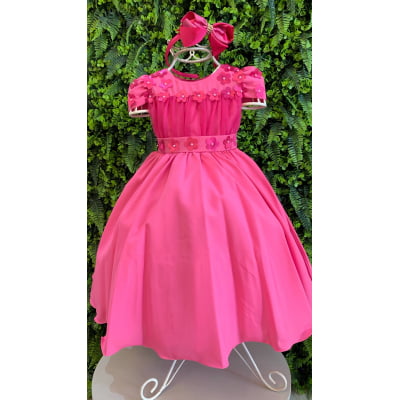 Vestido Infantil Pink C/ Busto Tule e Aplique de Flores
