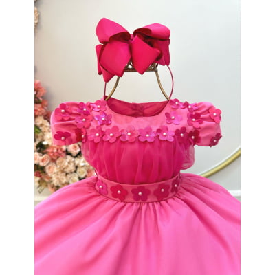 Vestido Infantil Pink C/ Busto Tule e Aplique de Flores