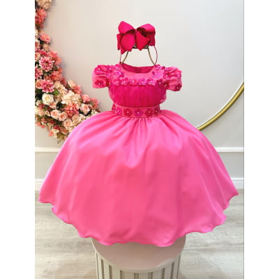 Vestido Infantil Pink C/ Busto Tule e Aplique de Flores