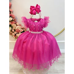 Vestido Infantil Pink C/ Cinto de Pérolas e Busto Damas