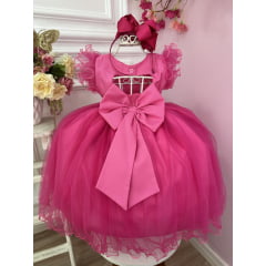 Vestido Infantil Pink C/ Strass no Busto e Cinto de Pérolas