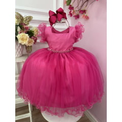 Vestido Infantil Pink C/ Strass no Busto e Cinto de Pérolas