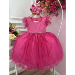 Vestido Infantil Pink C/ Strass no Busto e Cinto de Pérolas