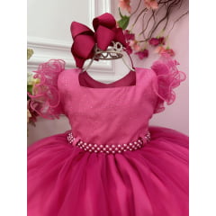 Vestido Infantil Pink C/ Strass no Busto e Cinto de Pérolas