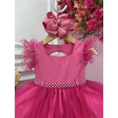 Vestido Infantil Pink C/ Strass no Busto e Cinto de Pérolas