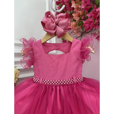 Vestido Infantil Pink C/ Strass no Busto e Cinto de Pérolas