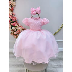 Vestido Infantil Rosa Bebê Busto Nervura Pérolas Daminhas