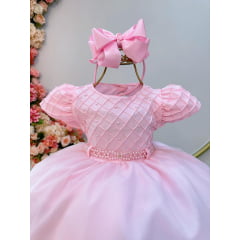 Vestido Infantil Rosa Bebê Busto Nervura Pérolas Daminhas