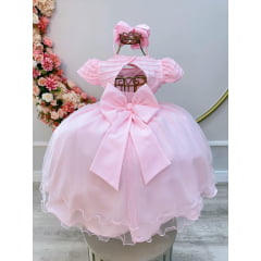 Vestido Infantil Rosa Bebê Busto Nervura Pérolas Daminhas