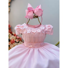 Vestido Infantil Rosa Bebê C/ Busto Tule e Aplique de Flores