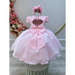 Vestido Infantil Rosa Bebê C/ Busto Tule e Aplique de Flores