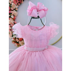 Vestido Infantil Rosa Bebê C/ Cinto de Pérolas e Busto Damas