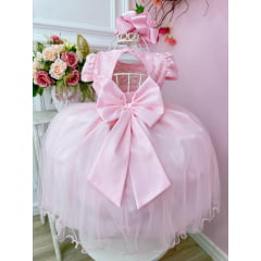 Vestido Infantil Rosa Bebê C/ Renda e Aplique Flores Festas