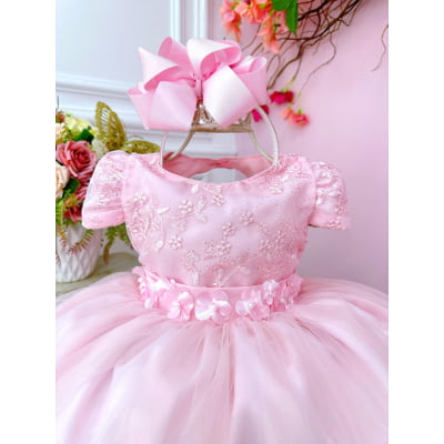Vestido Infantil Rosa Bebê C/ Renda e Aplique Flores Festas
