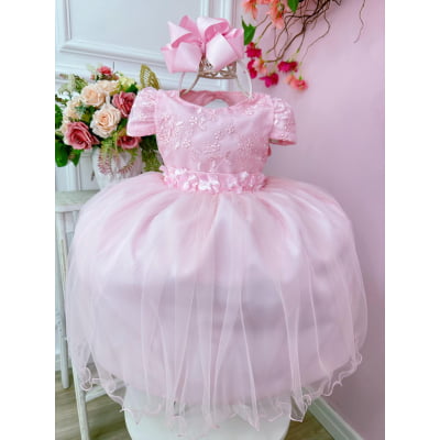 Vestido Infantil Rosa Bebê C/ Renda e Aplique Flores Festas
