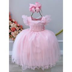 Vestido Infantil Rosa Bebê Strass no Busto e Cinto de Pérolas