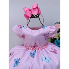 Vestido Infantil Rosa Borboletas Coloridas Cinto Pérolas