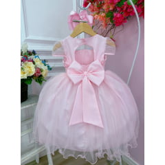 Vestido Infantil Rosa Busto Plissado Aplique Flores Borboleta