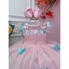 Vestido Infantil Rosa Plissado Aplique Flores Borboleta