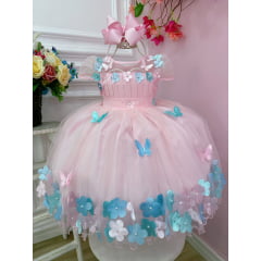 Vestido Infantil Rosa Plissado Aplique Flores Borboleta