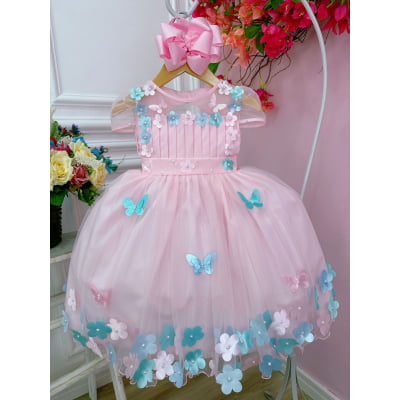 Vestido Infantil Rosa Plissado Aplique Flores Borboleta
