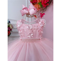 Vestido Infantil Rosa C/ Aplique de Flores e Renda Luxo