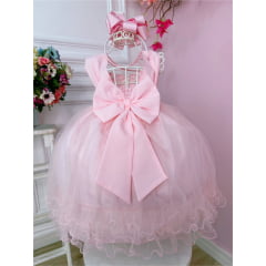 Vestido Infantil Rosa C/ Aplique de Flores e Renda Luxo