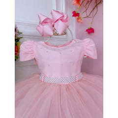 Vestido Infantil Rosa C/ Pérolas no Peito e Cinto Luxo