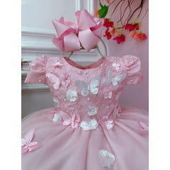 Vestido Infantil Rosa C/ Renda e Aplique Flores Borboletas