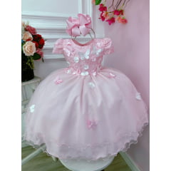 Vestido Infantil Rosa C/ Renda e Aplique Flores Borboletas