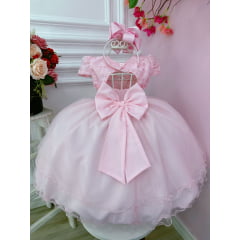 Vestido Infantil Rosa C/ Renda e Aplique Flores Borboletas