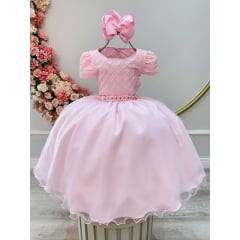 Vestido Infantil Rosa Claro Busto Nervura Strass Daminhas