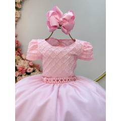 Vestido Infantil Rosa Claro Busto Nervura Strass Daminhas