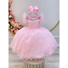 Vestido Infantil Rosa Claro C/ Cinto de Pérolas Daminhas