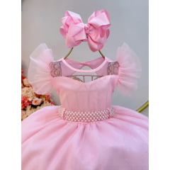 Vestido Infantil Rosa Claro C/ Cinto de Pérolas Daminhas