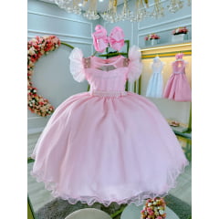 Vestido Infantil Rosa Claro C/ Cinto de Pérolas Daminhas