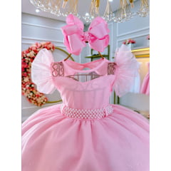 Vestido Infantil Rosa Claro C/ Cinto de Pérolas Daminhas