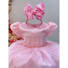 Vestido Infantil Rosa Claro C/ Pérolas e Saia Babados Luxo