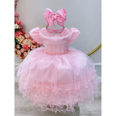 Vestido Infantil Rosa Claro C/ Pérolas e Saia Babados Luxo